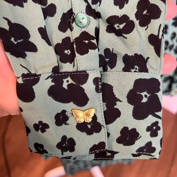 FABIENNE CHAPOT Anthro‎ Green Floral Tie Waist Viscose Shirt Dress Sz Large - Picture 3 of 11